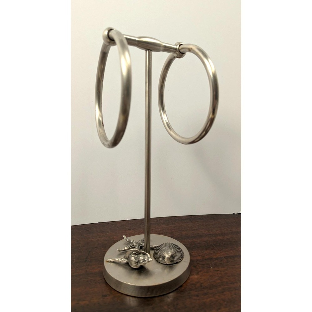 Vintage Coastal Nautical Double Towel Ring Holder Stand Brushed Nickel Seashell